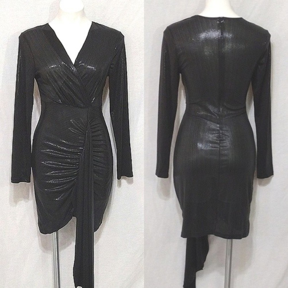 Black Metallic Ruched Draped Bodycon Holiday Club Party Cocktail Dress Medium